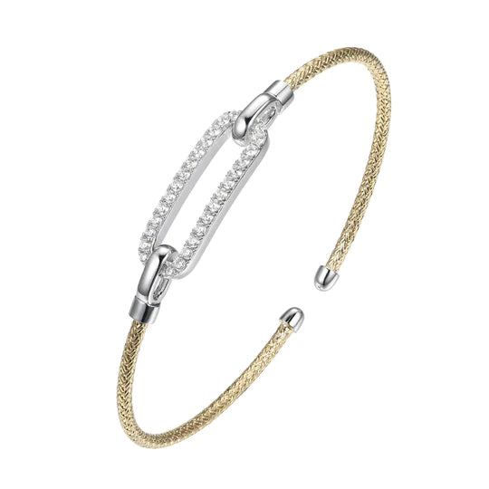 Charles Garnier Sterling yellow gold plated Silver Mesh Cuff with Cubic Zirconia Link | Paperclip Collection on white background"