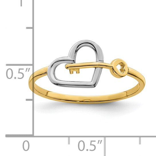 14k Yellow Gold & Rhodium Heart and Key Ring