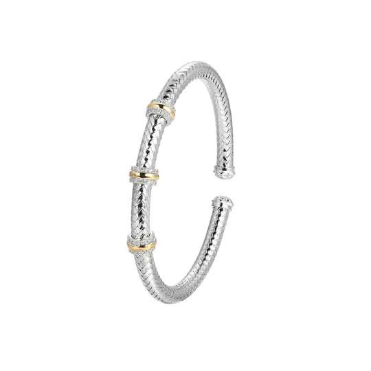 Charles Garnier Sterling Silver New Mesh Cubic Zirconia Station Cuff Bracelet with Rhodium and Yellow Gold Finish, 6.75" Inner Circumference