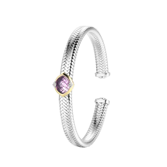 Charles Garnier CB0077 Sterling Silver Cuff Bracelet featuring a new mesh design with genuine amethyst and cubic zirconia stones. The bracelet has an inner circumference of 6.75 inches and is finished with rhodium and yellow gold plating