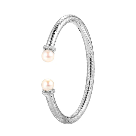 Charles Garnier Sterling Silver New Mesh 2 Genuine Freshwater Pearl and Cubic Zirconia Cuff Bracelet on white background