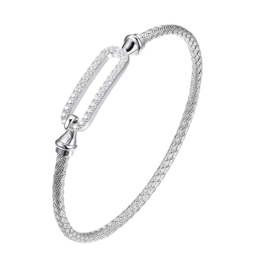 Charles Garnier Sterling Silver 3mm Mesh Hook Bangle with CZ Link | Paperclip Collection on white background"