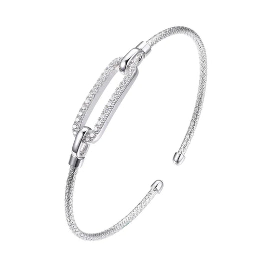 Charles Garnier Sterling Silver Mesh Cuff with Cubic Zirconia Link | Paperclip Collection on white background"