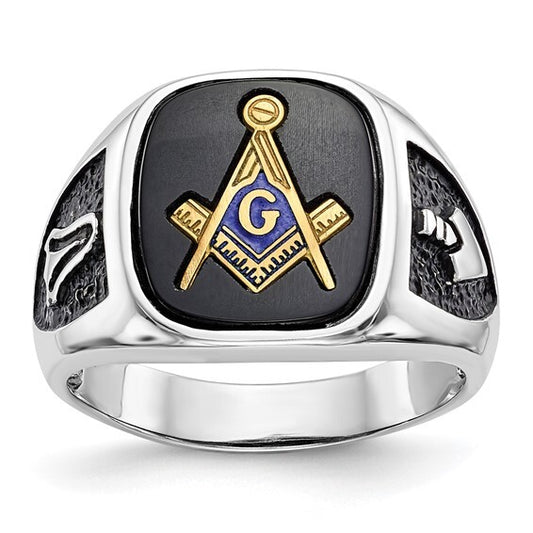 14k White Gold with Black Enamel and Onyx Masonic Ring