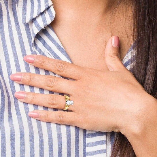 14k Yellow Gold and Rhodium Claddagh Ring