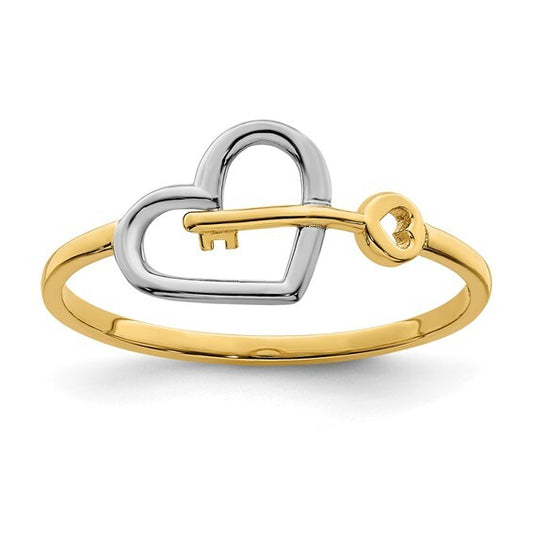 14k Yellow Gold & Rhodium Heart and Key Ring