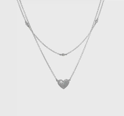 14k White Gold Double Strand Heart Diamond Necklace